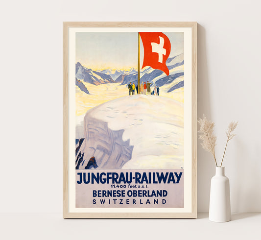 Jungfrau Railway, Bernese Oberland, Switzerland vintage travel poster by E.C, 1910-1959.
