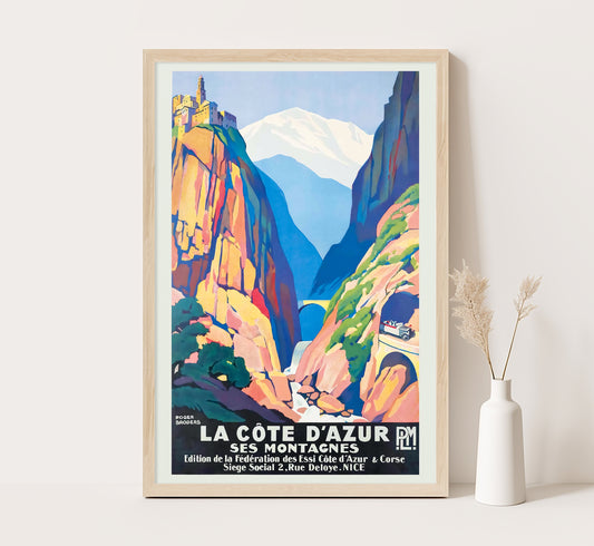 PML La Cote d'Azur Ses Montagnes vintage travel poster by Roger Broders.
