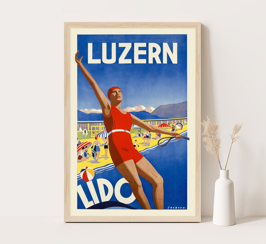 Luzern Lido Switzerland Vintage Travel Poster by Solbach, c. 1932.