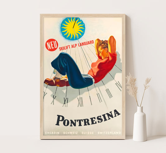 Pontresina, Switzerland vintage travel poster by Martin Peikert, 1943.