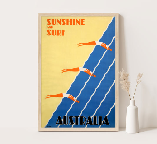 Sunshine and Surf, Australia vintage travel poster by Sellheim, 1930s.