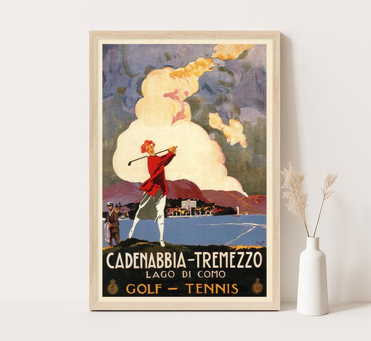 Lake Como Golf Tennis Poster, ENIT Lago di Como Cadenabbia Tremezzo Italy Vintage Poster, 1926.