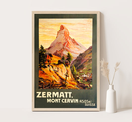 Zermatt Matterhorn, Mount Cervin, Switzerland vintage travel poster by Francois Gos, 1910-1959.