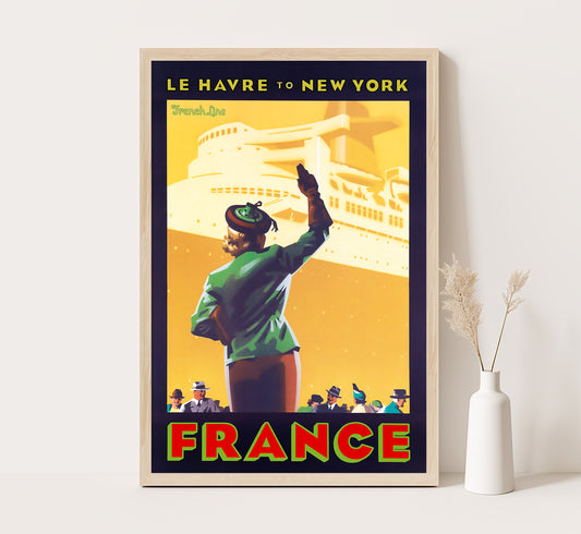 French Line, Le Havre to New York, France vintage travel poster by Laura Smith, 1930s.