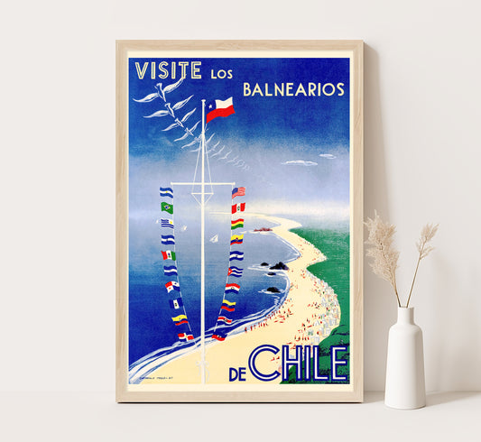 Chile vintage travel poster Visite los Balnearios de Chile by Camilo Mori, c. 1941.