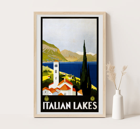 Italian Lakes, vintage travel poster by Grafiche Modiano, c. 1925.