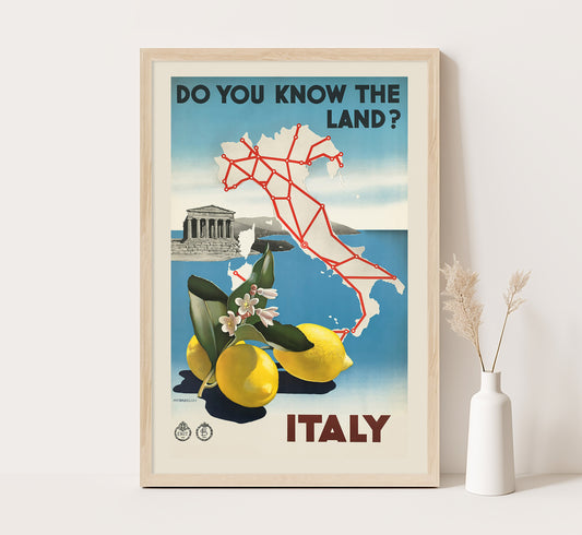 Do you know the land, Italy map and lemons, Italian vintage travel poster by Michahelles, c. 1910-1959.