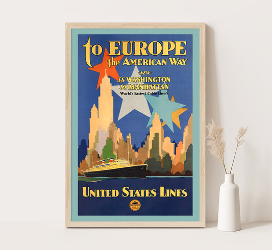 To Europe the American way vintage travel poster by unknown author, 1910-1959.