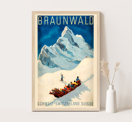 Braunwald Switzerland vintage travel poster by Alex Walter Diggelmann, c. 1943.