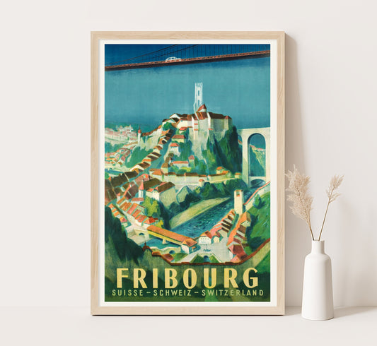 Fribourg, Switzerland vintage travel poster by Willy Jordan, c. 1945.