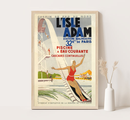 L'Isle Adam, France vintage travel poster by Leon Blot, c. 1930.