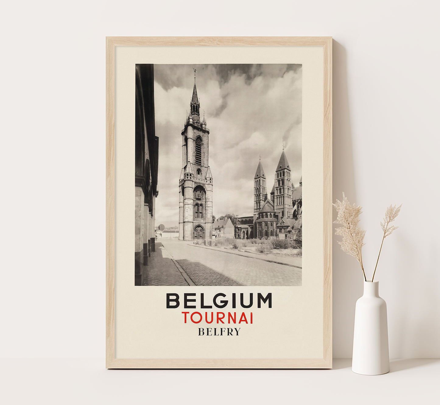 Tornai, Belfry, Belgium vintage travel poster by Sergijsels, c. 1910-1959.