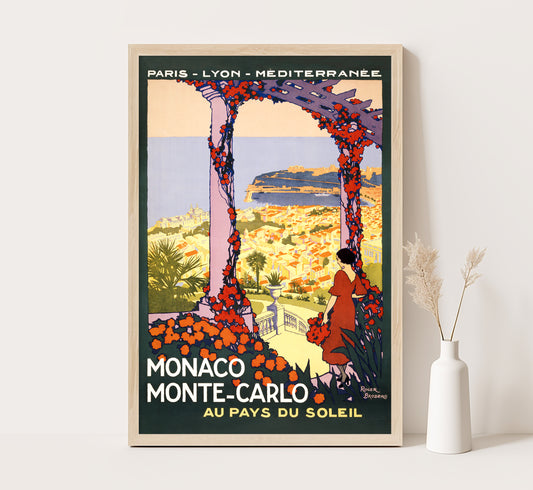 Pays du Soleil, Monaco, Monte Carlo vintage travel poster by Roger Broders, 1921.