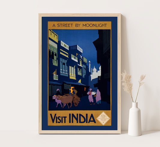 A street by Moonlight, Visit India vintage travel poster by H. G. Gawthorn, c. 1920.