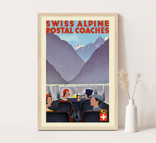 Swiss Alpine Postal Coaches, Switzerland vintage travel poster by CK, 1910-1959.