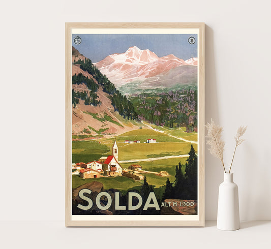 ENIT Solda Italy, Sulden, Bolzano, South Tyrol vintage travel poster by Enrico Grimaldi, 1928.