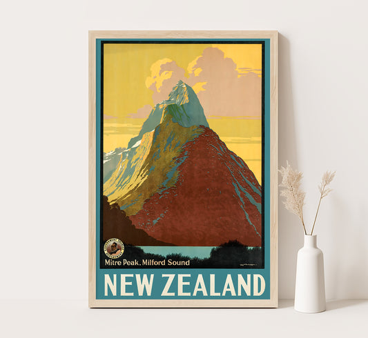 Mitre Peak, New Zealand vintage travel poster by L. C. Mitchell, c. 1910-1959.