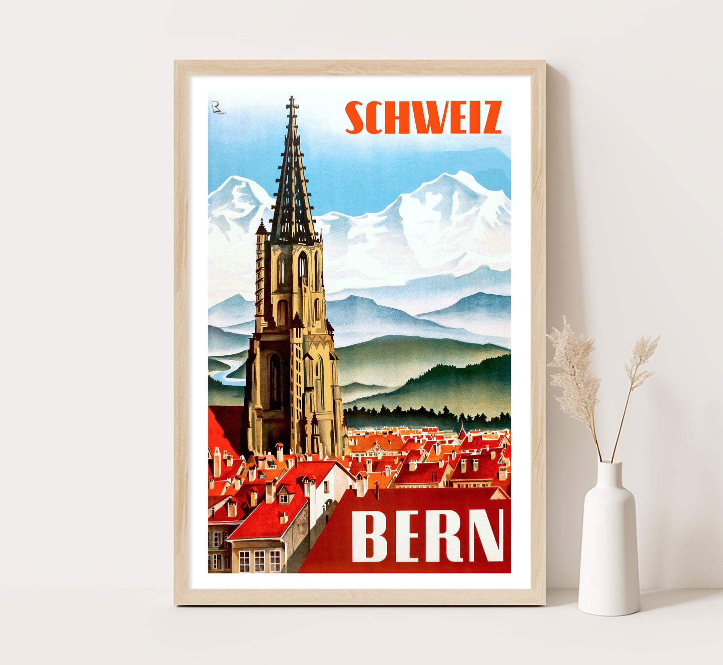 Bern, Switzerland vintage travel poster by Bernhard Reber, 1934.