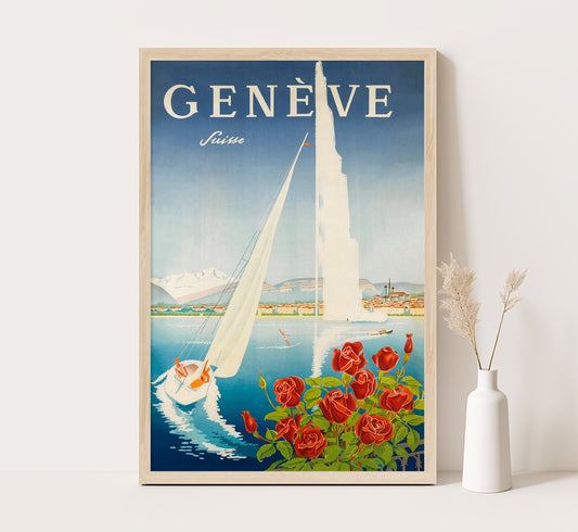 Lake of Geneva poster, Switzerland vintage travel poster by Walter Mahrer, 1950s.