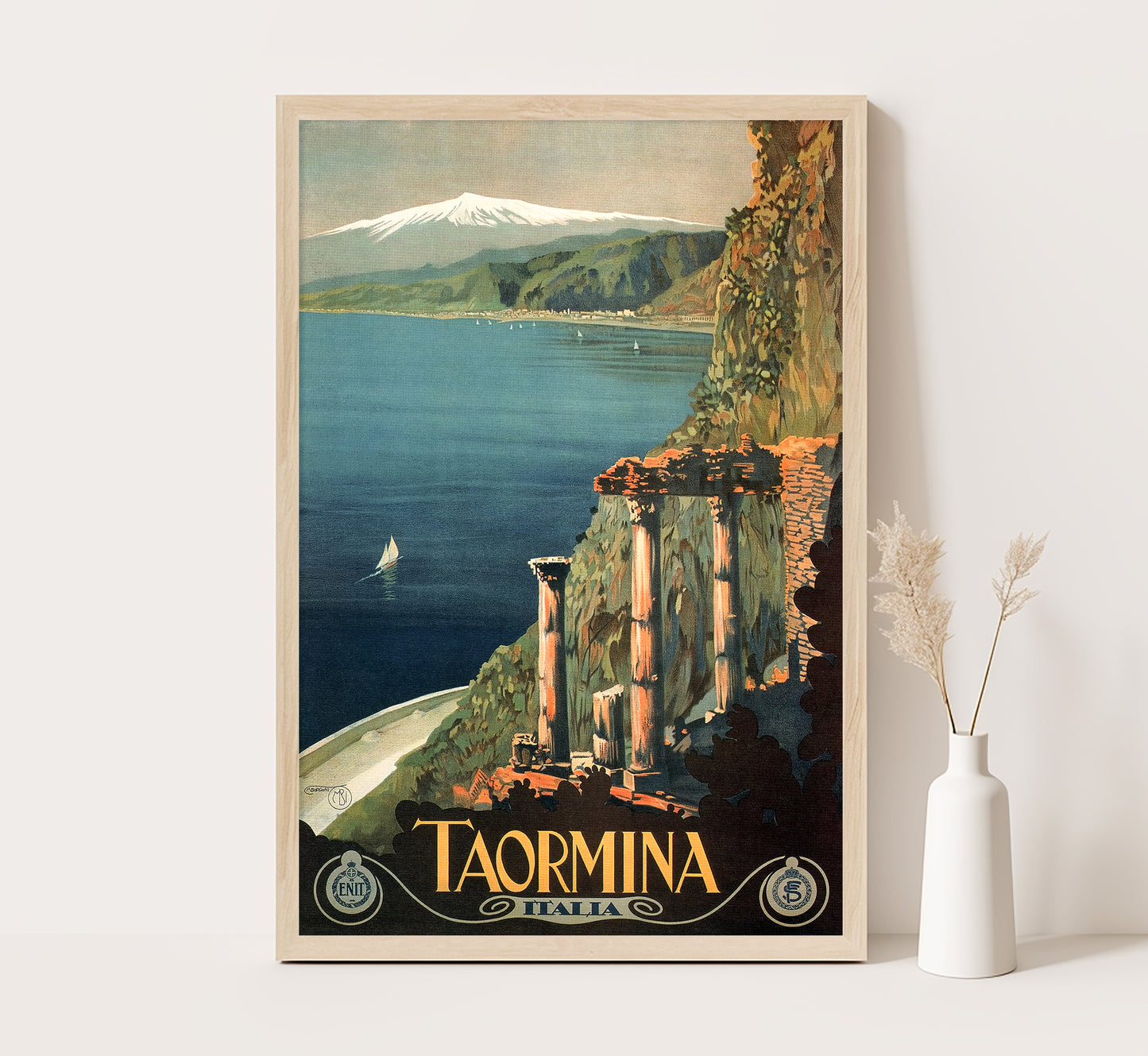 Taormina, Sicily, Italy vintage travel poster by Mario Borgoni, c. 1920s.