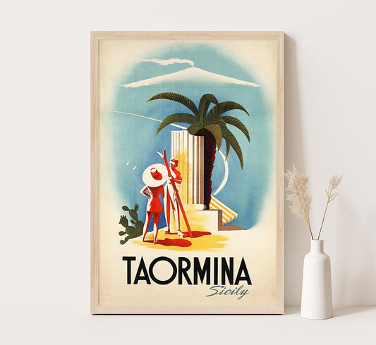 Taormina, Sicily, Italy vintage travel poster by Puppo, c. 1910-1955.