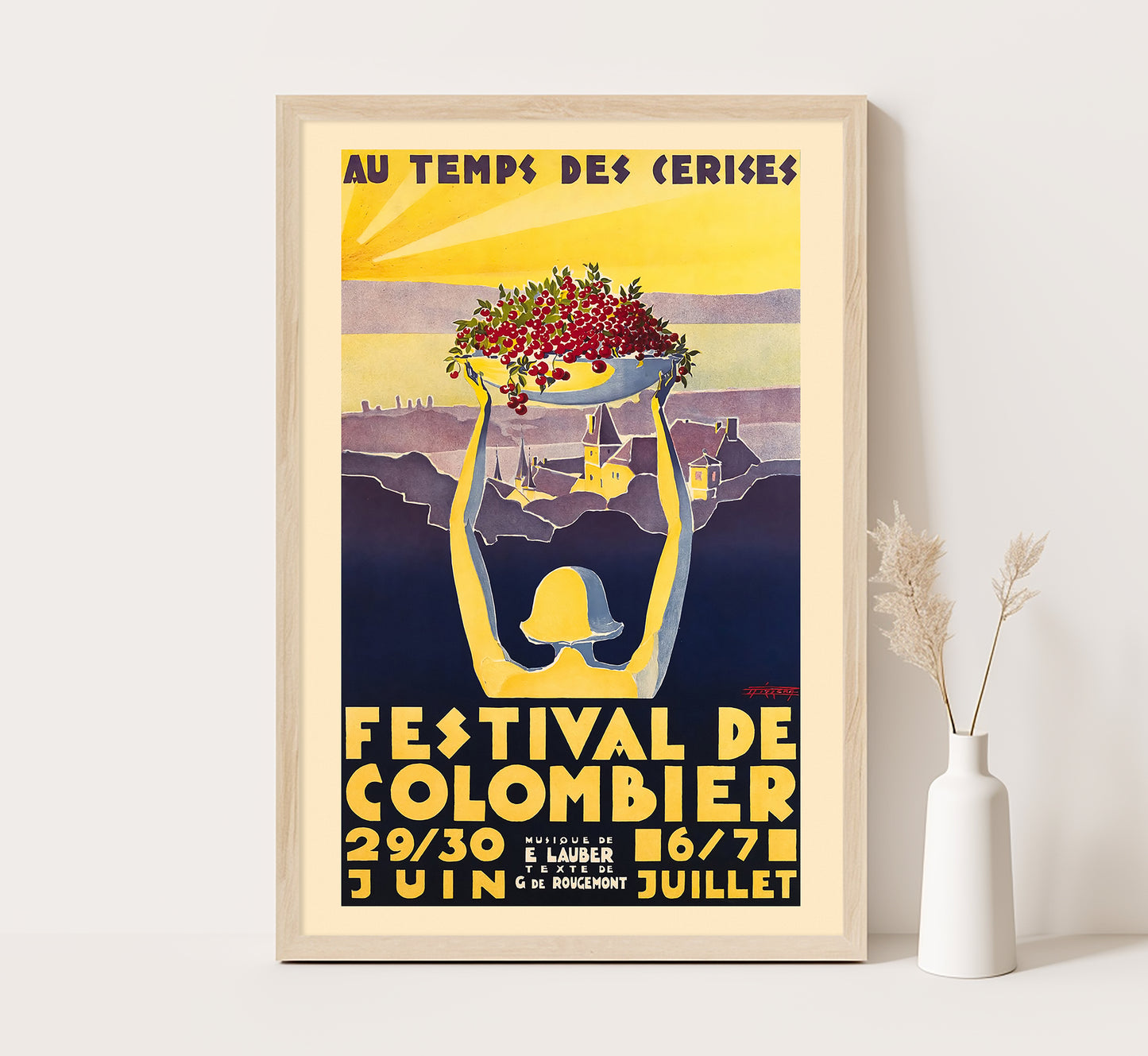 Festival de Colombier, Au temps des cerises, Switzerland vintage travel poster by Rizzera, c. 1929.