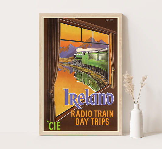 Ireland, Radio Train day trips by CIE vintage travel poster by Curran, 1910-1959.