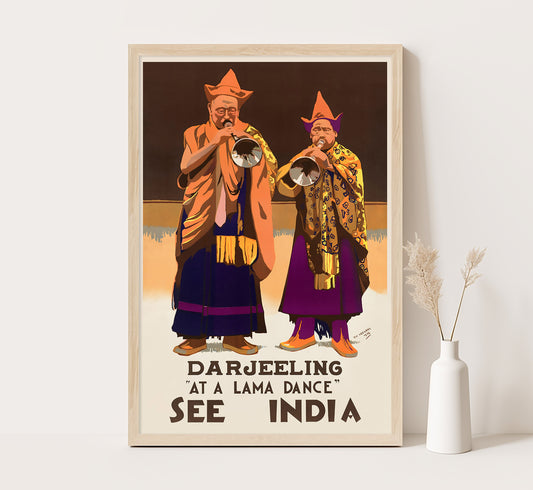 Darjeeling at a lama dance, See India vintage travel poster by Vic Veevers, 1934.