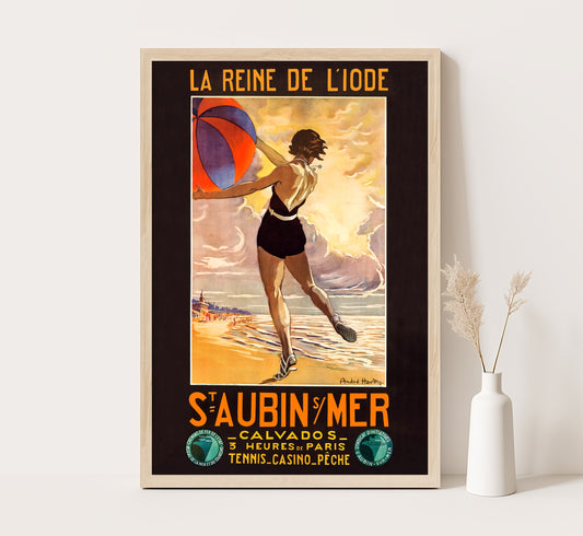 Saint Aubin-sur-Mer France vintage travel poster by Andre Hardy, 1936.
