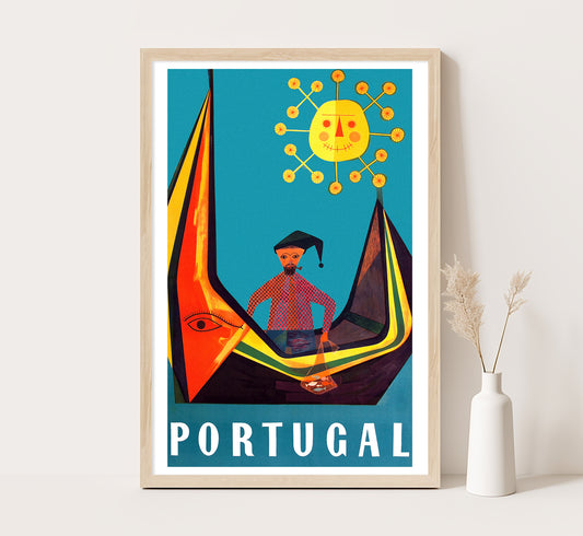 Fisherman in boat, Portugal vintage travel poster by unknown author, 1910-1959.