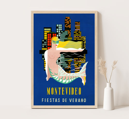 Uruguay, Montevideo vintage travel poster Fiestas de verano by L. Fayol, c. 1940s.