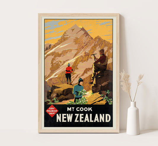 Mount Cook, New Zealand vintage travel poster by L. C. Mitchell, mid-1900s.