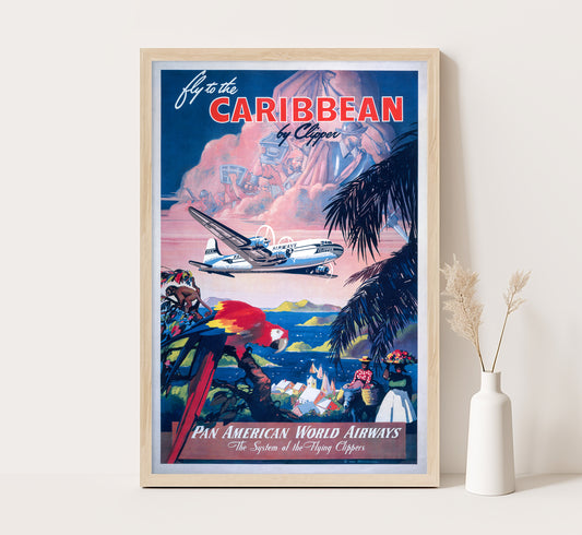 Fly to Caribbean by Clipper, Pan Am Airways vintage travel poster by unknown author, c. 1930s.