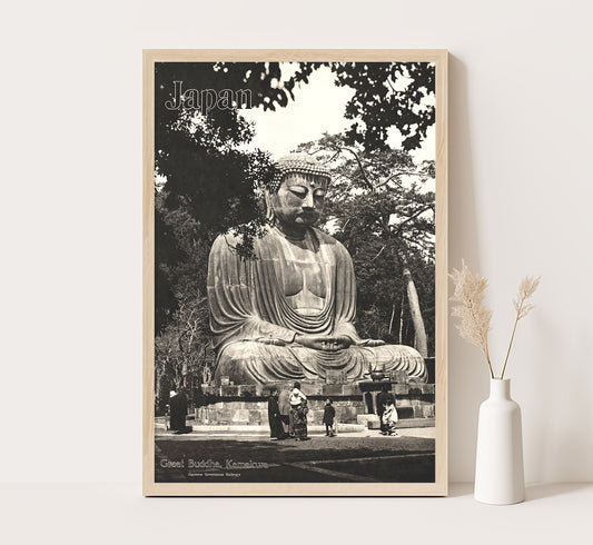 Buddha statue vintage travel poster by Kyodo Printing Co. Ltd., c. 1910-1959.