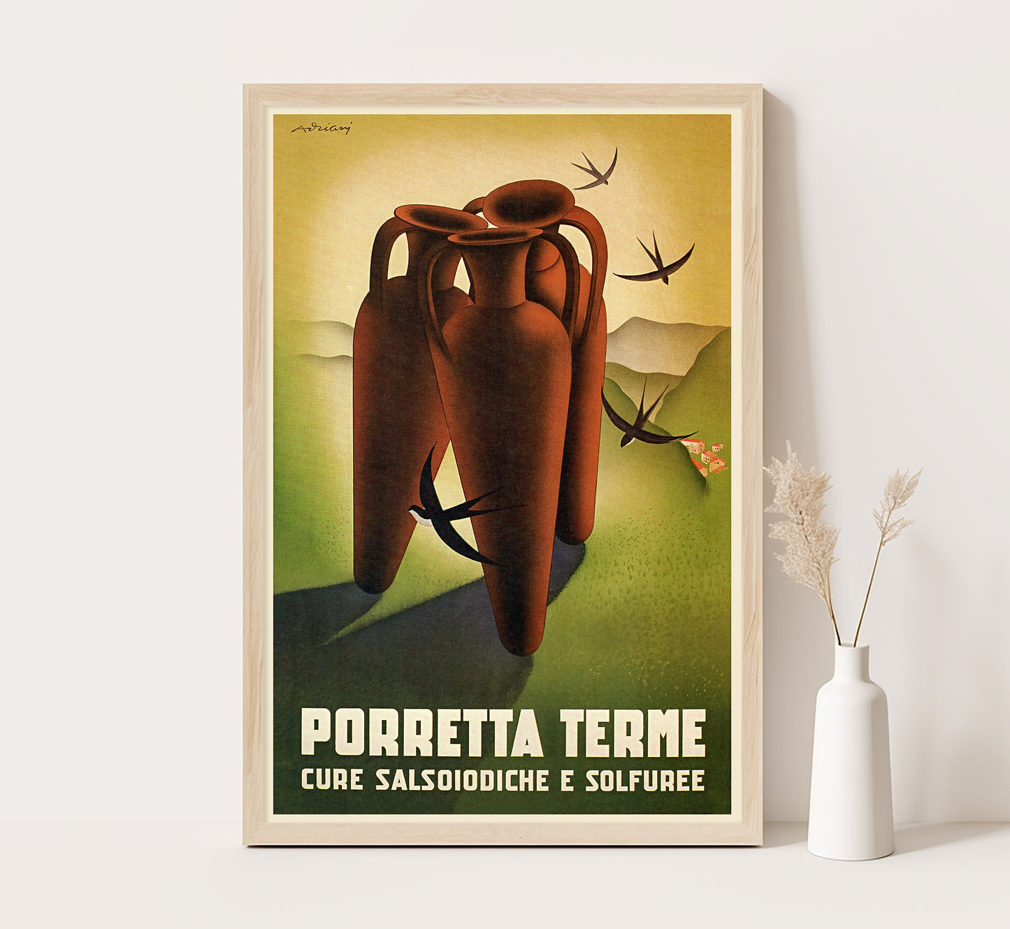 Porretta Terme, Reno Valley Tuscan-Emilian Apennine, Italy vintage travel poster by Avriany, 1930s.