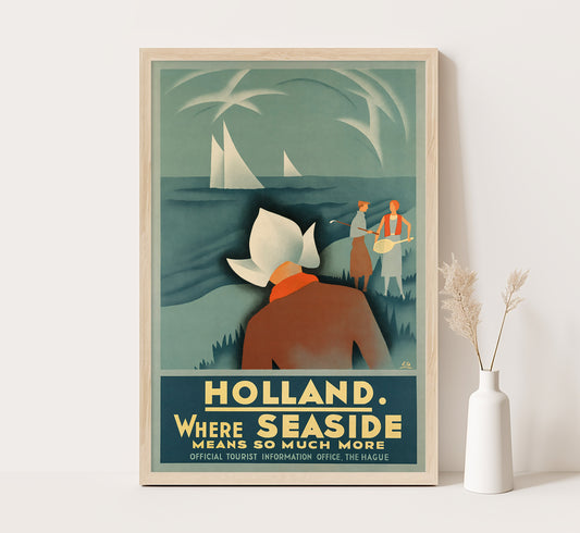 Holland, Where seaside means so much more, Netherlands vintage travel poster by E. G., c. 1936.