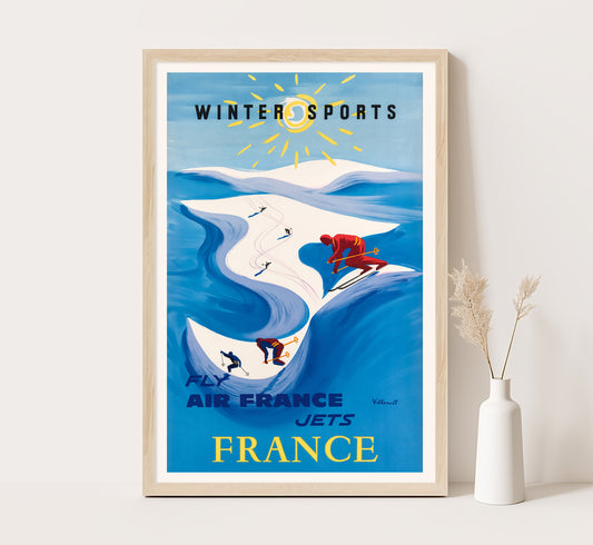 Air France, Winter Sports in France vintage poster by Villemot 1950s.