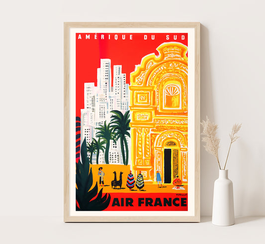 Air France to South America vintage travel poster by Villemot, c. 1910-1955.