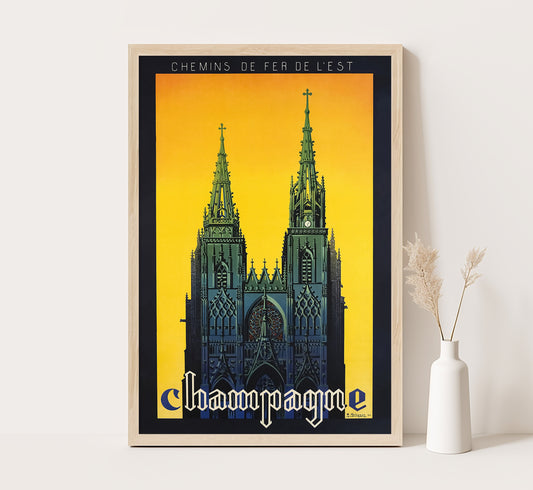 Champagne cathedral, France vintage travel poster by A. Moluggon, 1936.