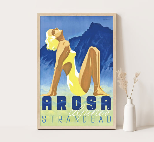 Arosa Strandbad, Switzerland vintage travel poster by Werner Weiskonig, 1930s.