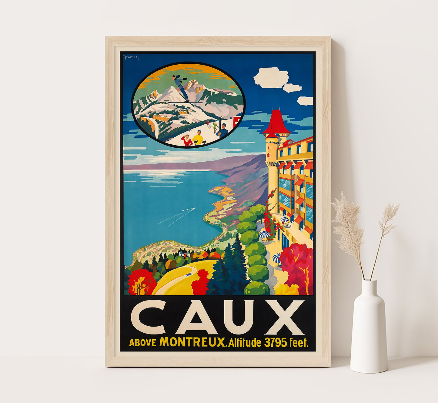 Highly collectable Caux above Montreux, Switzerland vintage travel poster by Jacomo Muller, c. 1925.