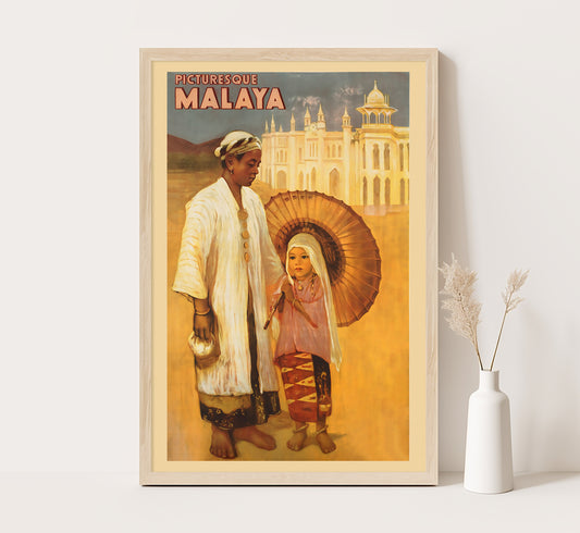 Picturesque Malaysia vintage travel poster by unknown author, c. 1910-1959.
