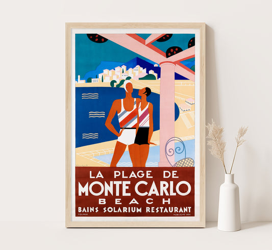 Monte Carlo beach Monaco vintage poster by Michel Bouchaud, 1929.