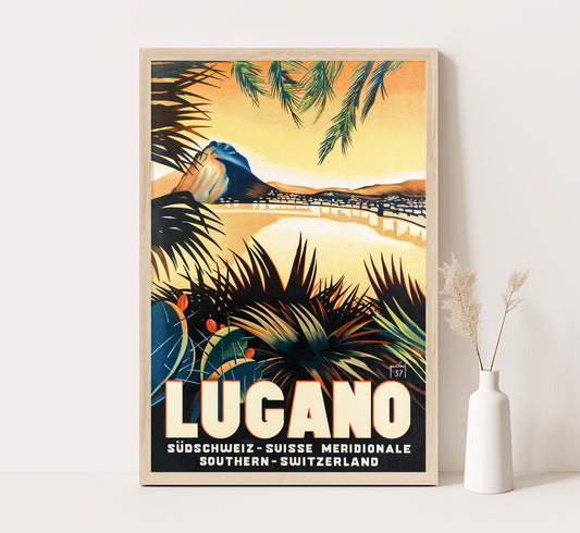 Lugano lake, Switzerland vintage travel poster Mario Pescini, 1937.