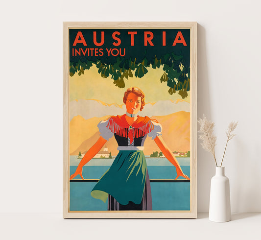 Austria Invites you, Austria vintage travel poster by Atelier Binder, c. 1935.