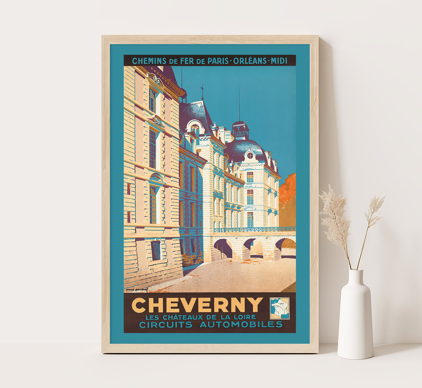 Cheverny, Les chteaux de la loire circuites automobiles, France vintage travel poster by René Roussel, 1935.