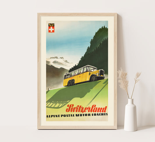 Alpine Postal Motor Coaches, Switzerland vintage travel poster by Reber, 1910-1959.