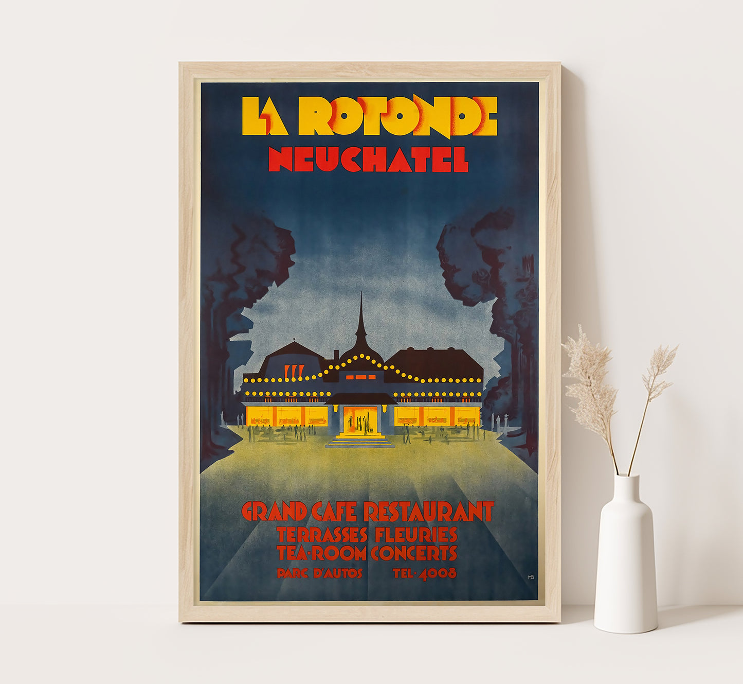 Highly collectable La Rotonde Neuchatel Switzerland vintage travel poster by Monogram, c. 1925.