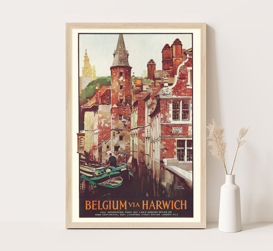 Belgium via Harwich vintage travel poster by Fred Taylor, 1924.