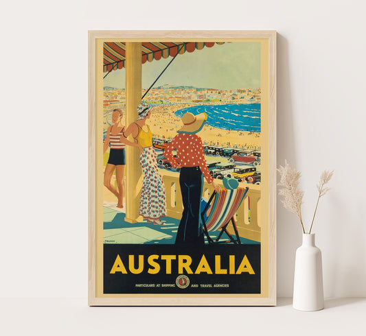 Australia beach vintage travel poster by unknown author, 1930s.